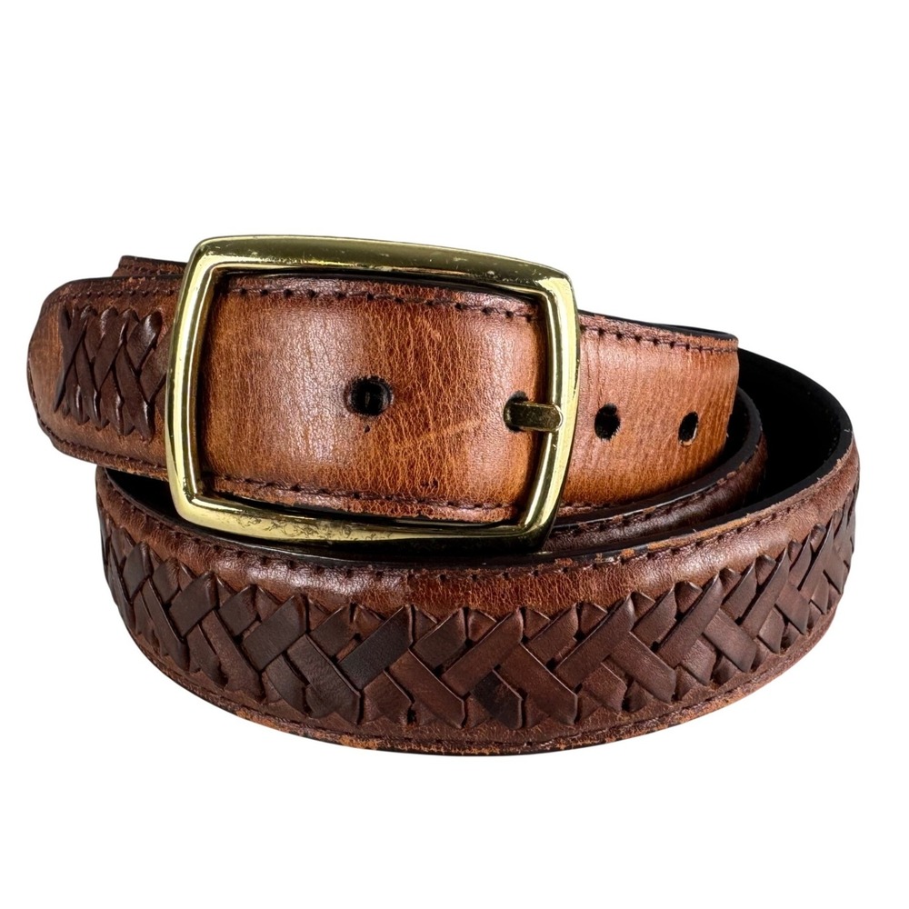 Brown Genuine Leather Woven Lattice Belt Gold Buckle Size 40 8000T Mens Brown‎